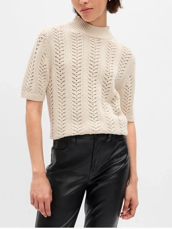 GAP cream short sleeve pointelle mockneck knit sweater size XS minimalist - Picture 1 of 10